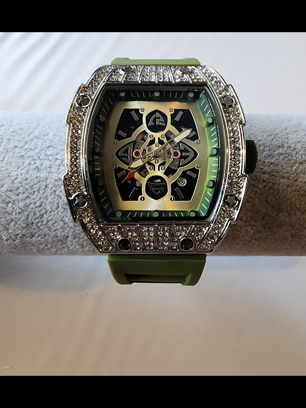 Green Dial Crystal-Trim Skeleton Watch